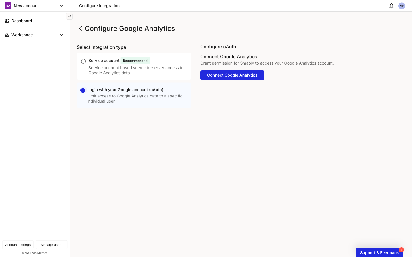 Configure Google Analytics page with Login with your Google account (oAuth) selected. The right pane shows Configure oAuth with a Connect Google Analytics heading, the helper text Grant permission for Smaply to access your Google Analytics account, and a Connect Google Analytics button.