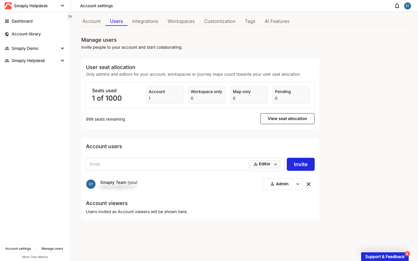 Account settings with the Users tab selected. The page shows a User seat allocation summary, an Account users section with an email field, role dropdown, and Invite button, and an Account viewers section below.