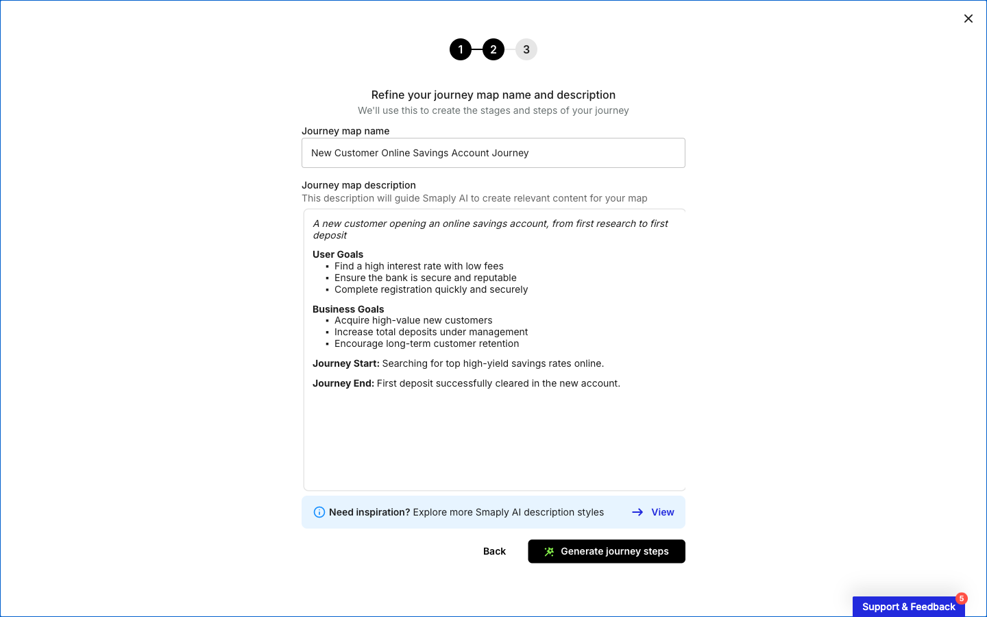 Step 2 of the Smaply AI wizard, Refine your journey map name and description, showing an editable name field and a structured description with User Goals, Business Goals, Journey Start, and Journey End sections.