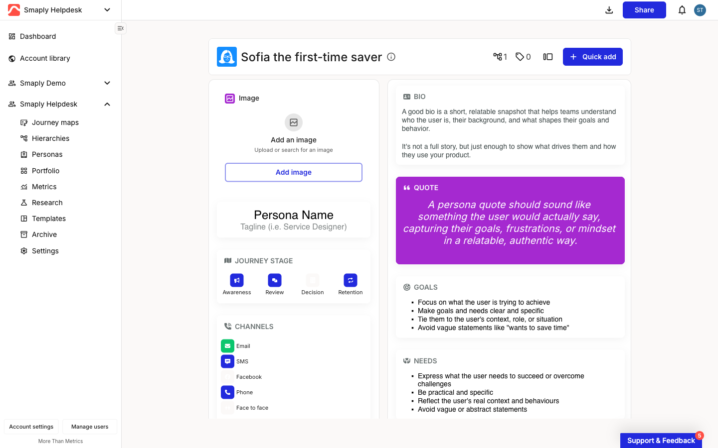 The persona editor for 'Sofia the first-time saver'. The app bar at the top right shows a download icon and a blue Share button. The persona header row below has the colored icon tile, name, and info icon on the left, with linked-map and tag counters, a layout toggle, and a Quick add button on the right. Cards are arranged in two columns: Image, Persona Name, Journey Stage, and Channels on the left; Bio, Quote, and Goals on the right.