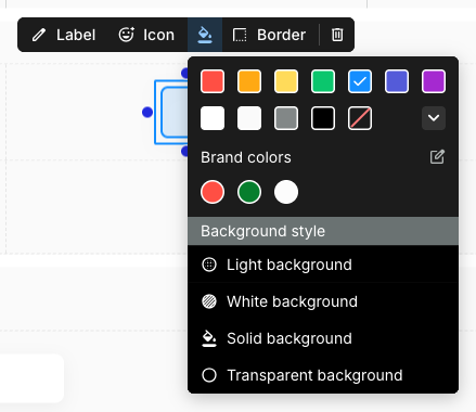The colour picker open from a shape card's toolbar, showing an accent colour grid, a Brand colors section with three swatches, and a Background style list with Light background, White background, Solid background, and Transparent background.