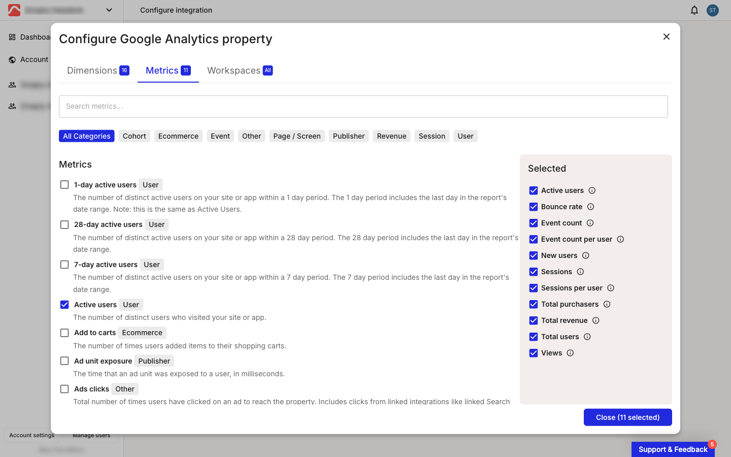 Configure Google Analytics property dialog on the Metrics tab. A searchable, category-filtered list of GA metrics sits on the left, and the Selected panel on the right lists chosen metrics such as Active users, Bounce rate, Sessions, and Total revenue.