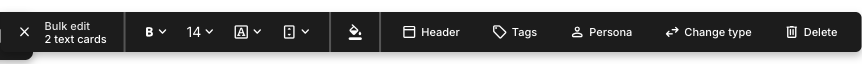 The bulk action bar at the bottom of the journey map editor, reading Bulk edit, 2 text cards, with bold, font size, font, and height controls, then fill, Header, Tags, Persona, Change type, and Delete actions.