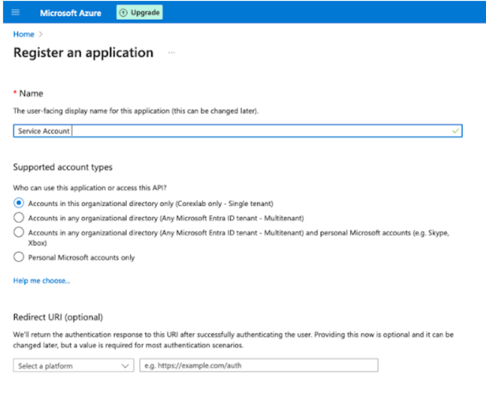 Azure Register an application form with a Name field, Supported account types set to single tenant, and an empty Redirect URI section.