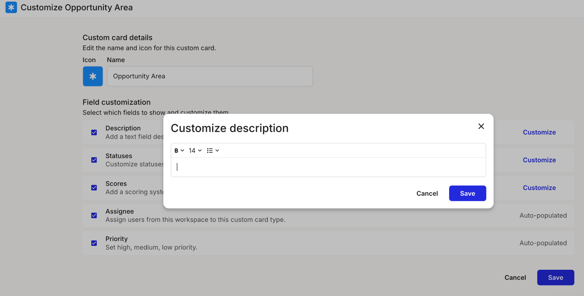 Portfolio settings for customizing opportunity, pain point, and solution items
