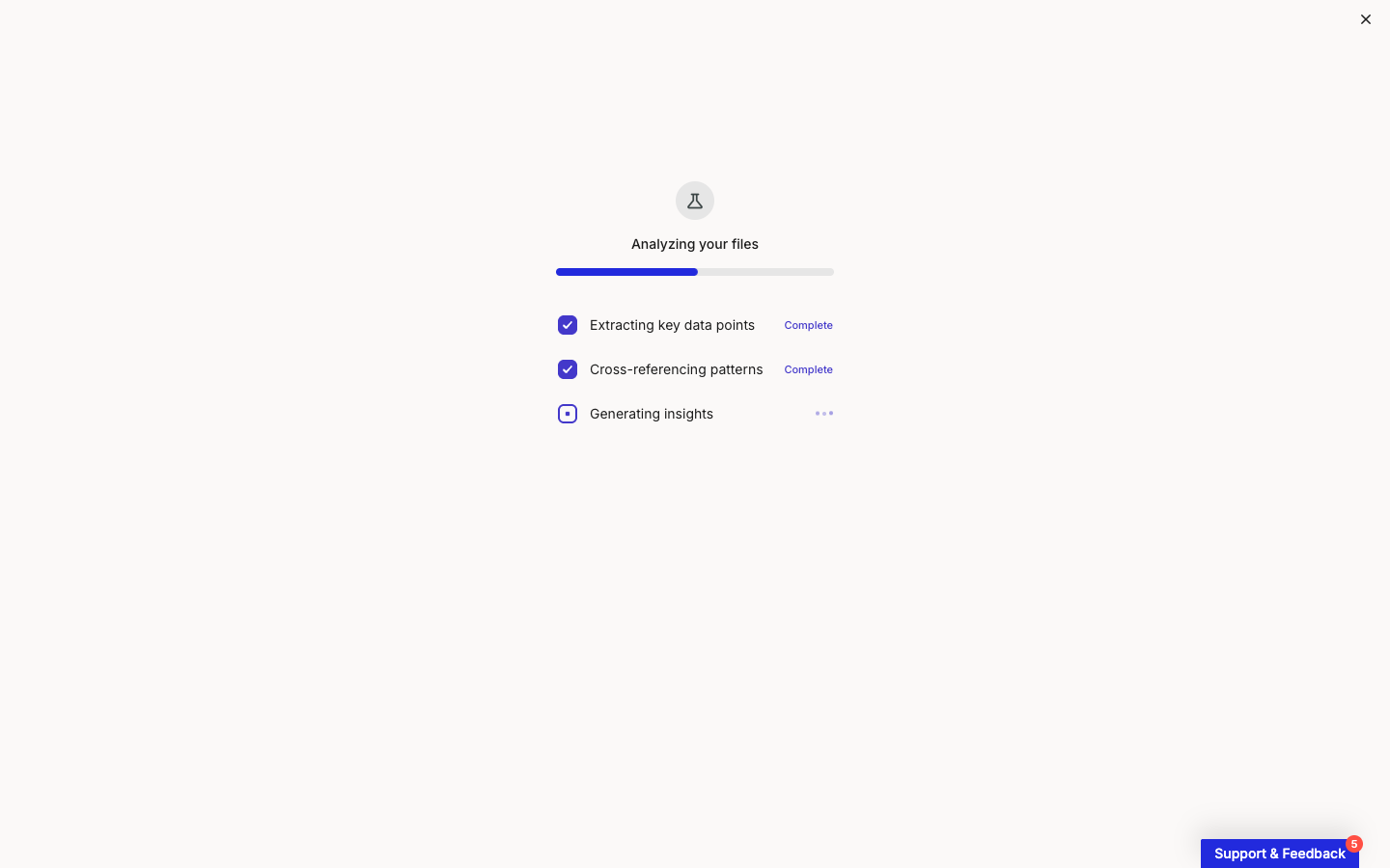 The 'Analyzing your files' screen with a progress bar and a three-item checklist: Extracting key data points (Complete), Cross-referencing patterns (Complete), and Generating insights (in progress).
