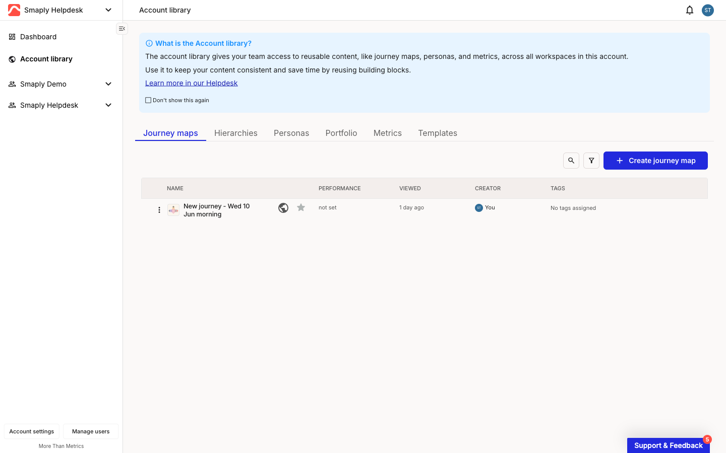 The Account library page with content-type tabs for Journey maps, Hierarchies, Personas, Portfolio, Metrics, and Templates. The Journey maps tab is open, listing one map with a globe icon next to its name.