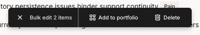 A Bulk edit bar showing two items selected, with Add to portfolio and Delete actions and a control to close the selection.