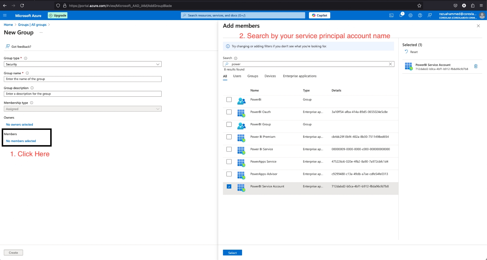 Azure New Group form with Group type Security selected, alongside an Add members pane searching for power. The PowerBI Service Account enterprise application is ticked in the results list.