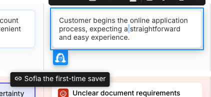 A selected journey map card reading 'Customer begins the online application process, expecting a straightforward and easy experience.' A blue persona avatar sits at the card's bottom-left, expanded because the card is selected, with a tooltip reading 'Sofia the first-time saver'.