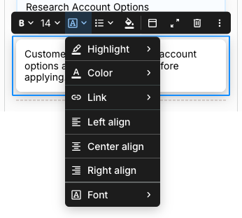 The boxed A menu open on a selected text card, listing Highlight, Color, Link, Left align, Center align, Right align, and Font, each of the first three and the last showing a submenu arrow.