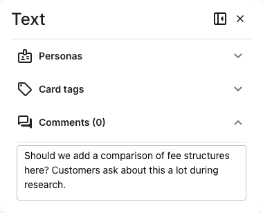 The Comments section with a comment being typed into the Add a comment field, reading Should we add a comparison of fee structures here? Customers ask about this a lot during research.