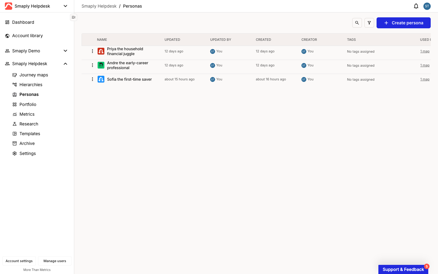 The Personas list page in a workspace, showing three personas as rows with columns for Name, Updated, Updated by, Created, Creator, Tags, and Used in. A search icon, filter icon, and a + Create persona button sit above the table. Each row has a checkbox and a three-dot menu.