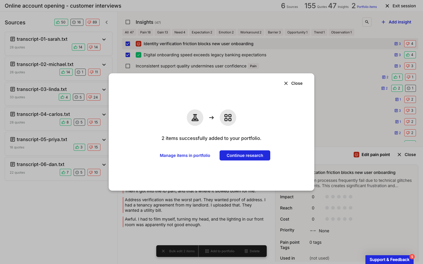 Completion dialog reading 2 items successfully added to your portfolio, with Manage items in portfolio and Continue research buttons.